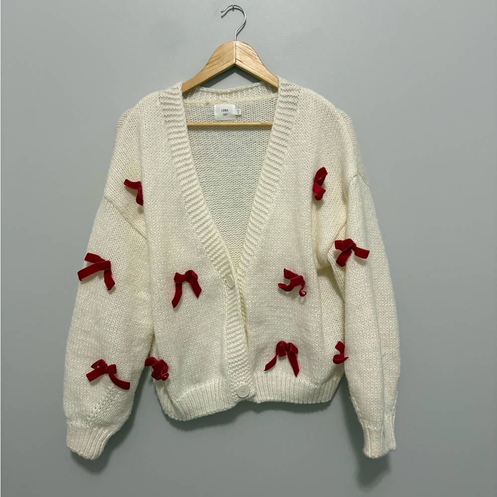 Luna Ivy Ivory Flirty Coquette Red Bows Cardigan